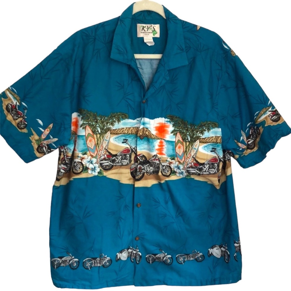 KY’s Aloha Hawaiian Shirt size XL Motorcycles Surfboards Sunset Made in Hawaii